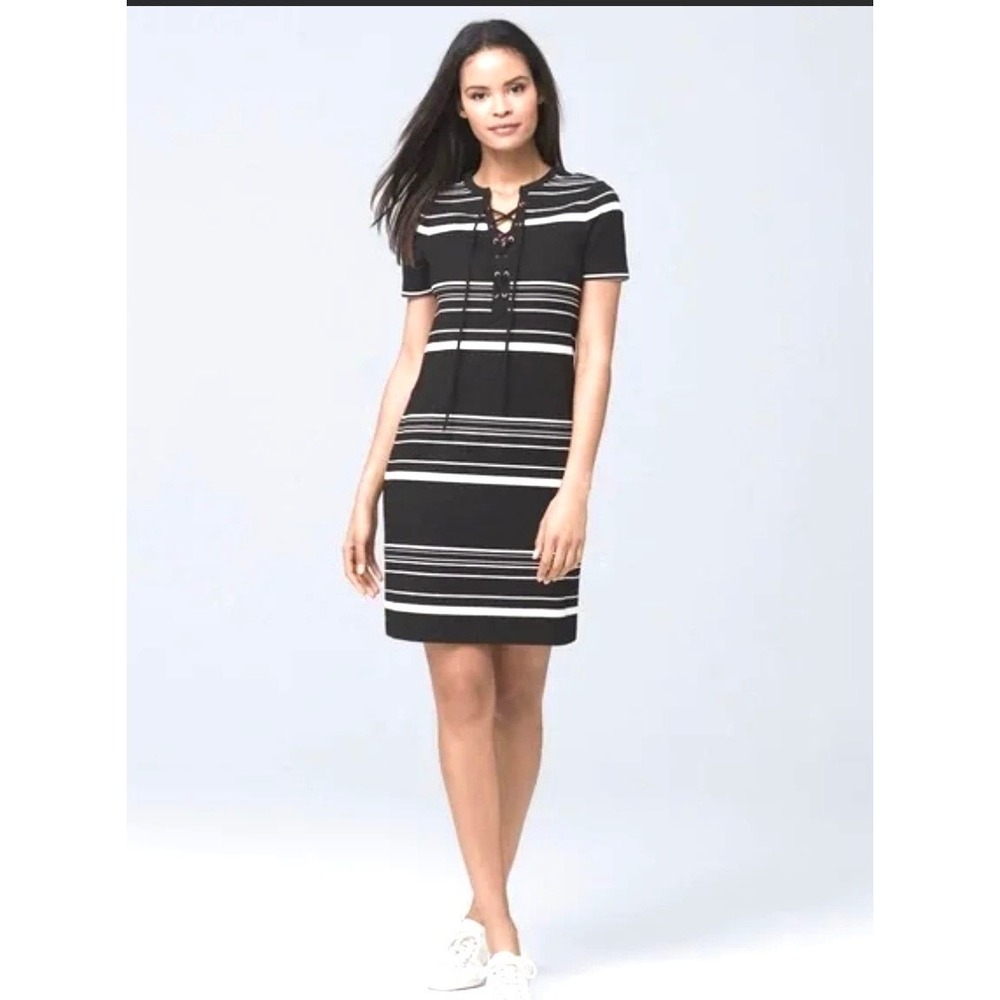 White House Black Market‎ Black White Striped Lace Up Shift Dress Womens Medium